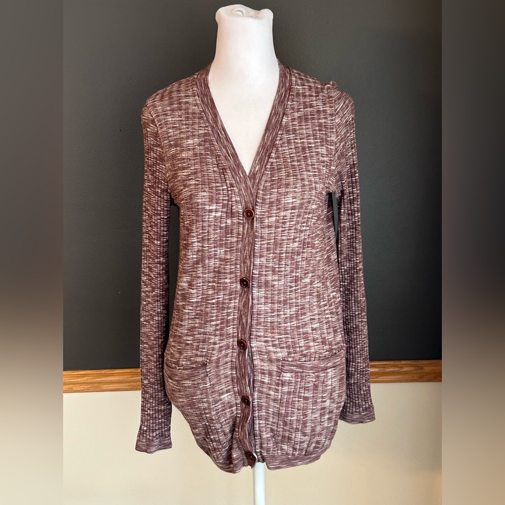 ATHLETA Revolve Cardigan Sweater Mahogany Heather Ribbed Seamless Pockets Large - Picture 2 of 6